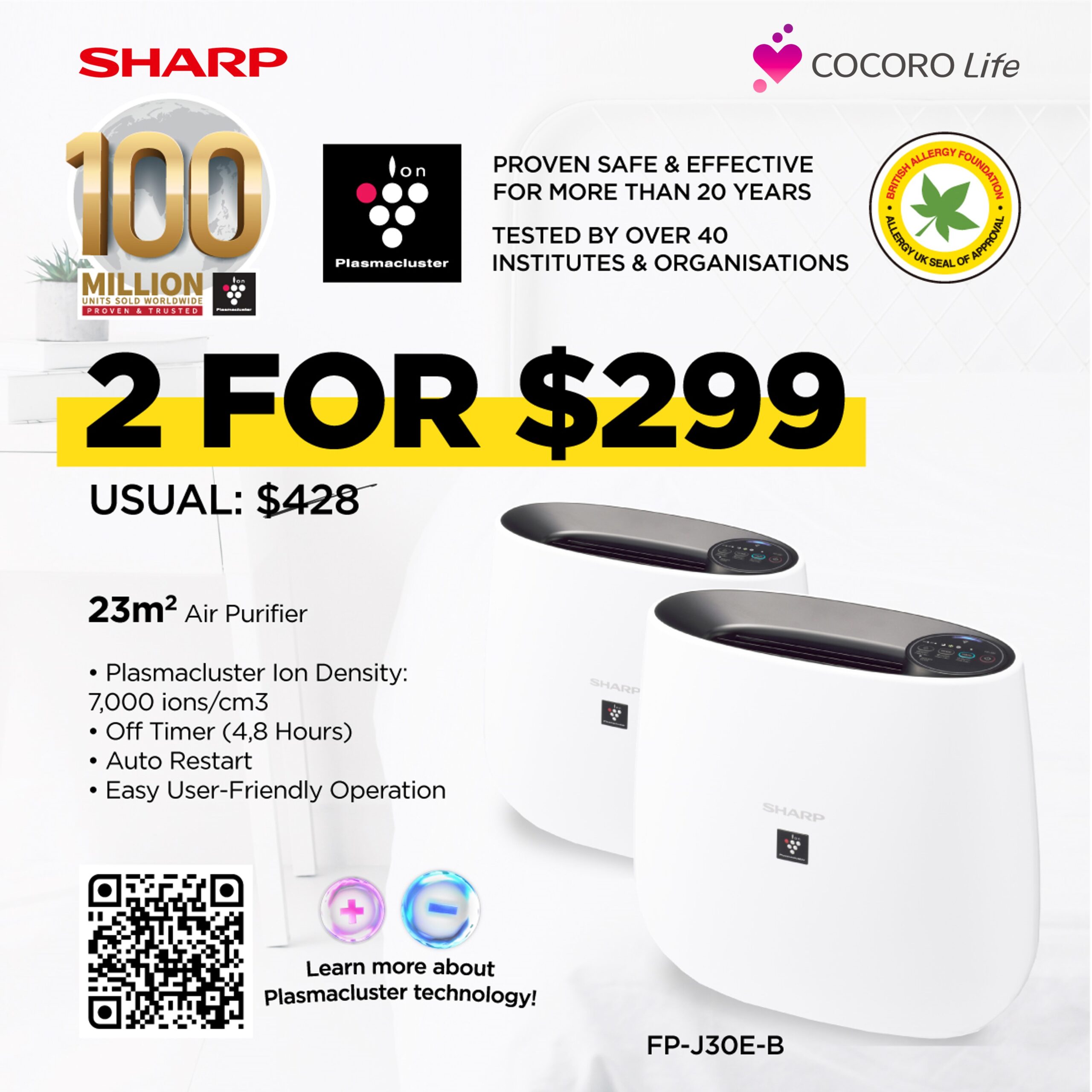 [SPECIAL OFFER] <b>2 for $299</b> – SHARP Plasmacluster Air Purifier 23m<sup>2</sup> FP-J30E-B